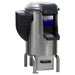 Omcan Elite 44184 electric 22 lb potato peeler with stainless steel drum, black lid and discharge door on a stand