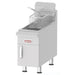 Omcan natural gas/propane 15 lb fryer in stainless steel with two fry baskets, cabinet door and legs, angled view