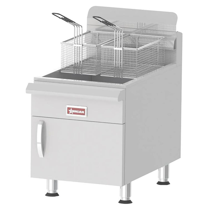 Omcan natural gas/propane 30 lb fryer in stainless steel with two fry baskets, cabinet door and adjustable legs