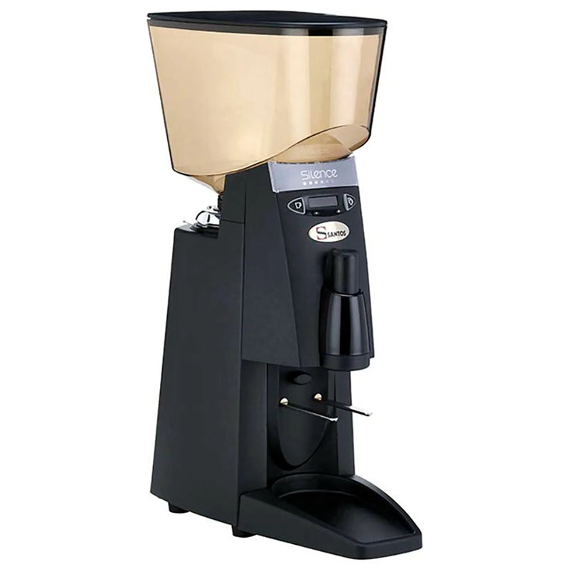 Omcan Santos 44637 automatic coffee grinder in black with tinted 5 lb bean hopper and portafilter fork, angled view