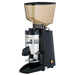 Omcan Santos 44638 espresso coffee grinder in black, angled left view showing the doser lever and portafilter fork