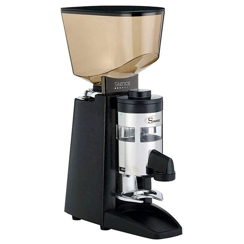 Omcan Santos 44638 espresso coffee grinder in black with tinted 5 lb hopper and clear doser chamber, angled right view