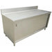 Omcan stainless steel closed dish cabinet with sliding doors and raised rear backsplash, angled view