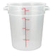 Omcan translucent polypropylene round storage container, tall 4 quart size with red measurement markings