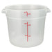 Omcan translucent polypropylene round storage container, wide 6 quart size with red litre and quart graduations