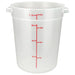 Omcan translucent polypropylene round storage container, tall 8 quart size with red graduations and handles