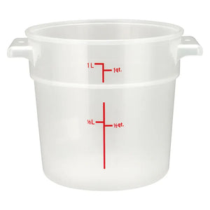 Omcan translucent polypropylene round storage container with handles and red graduations to 1 quart, smallest size