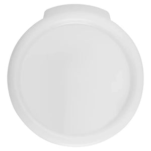Omcan white polypropylene round lid for round storage containers, top view of the flat snap-on cover