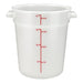 Omcan white polypropylene round storage container, tall 4 quart size with red measurement markings and handles