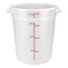 Omcan white polypropylene round storage container, tall 8 quart size with red graduations and side handles
