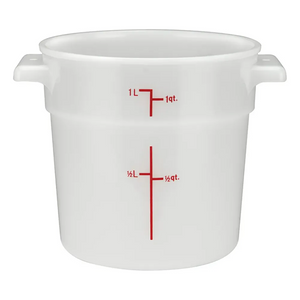 Omcan white polypropylene round storage container with handles and red graduations to 1 quart, smallest size
