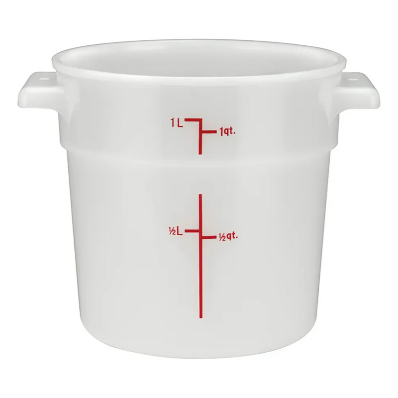 Omcan white polypropylene round storage container with handles and red graduations to 1 quart, smallest size