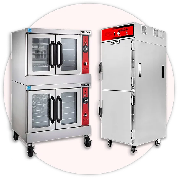 Commercial ovens including convection ovens, ranges, combi ovens, and pizza ovens.