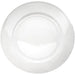 Phoenix white ceramic wide rim plate, fifth size option, top-down view of the smooth glazed surface and rim