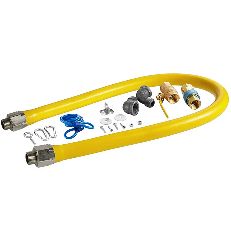Phoenix commercial quick disconnect gas hose kit, yellow gas hose with quick disconnect, restraint cable and fittings