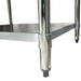 Phoenix ECONOMY 18 gauge stainless steel work table, close-up of undershelf corner, leg and bullet foot