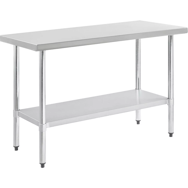 Phoenix ECONOMY 18 gauge 430 stainless steel work table with flat top and undershelf, angled front view