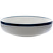 Phoenix Milford ceramic bowl in white with a dark blue rim band, side view of the shallow wide size option