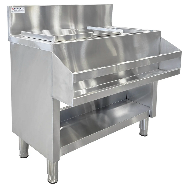 Phoenix SPCMU Series stainless steel cocktail mix sink with ice bin, speed rail and undershelf, angled side view