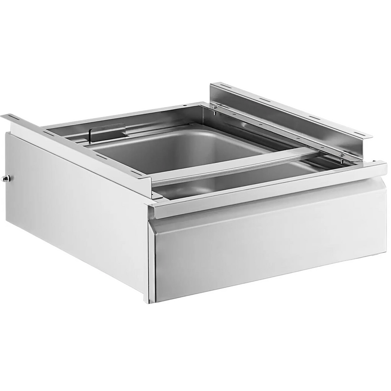 Phoenix TDR stainless steel work table drawer with pull handle, drawer pulled out on its slide frame