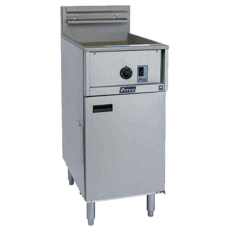 Pitco E35 208V electric floor fryer in stainless steel with front control panel and cabinet door, angled view