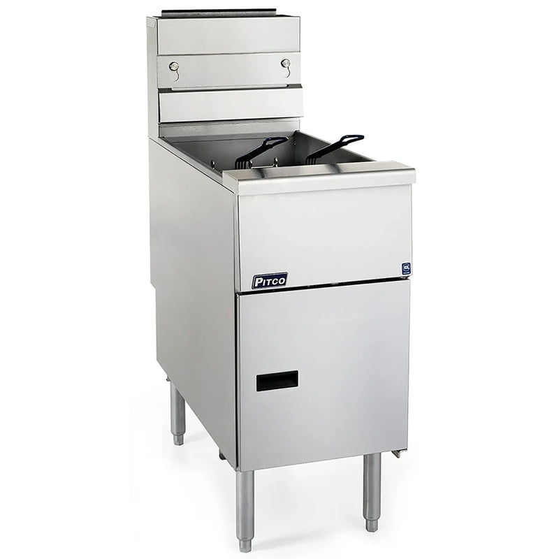 Pitco SG14S gas floor fryer in stainless steel with two fry baskets and lower cabinet door, angled front view