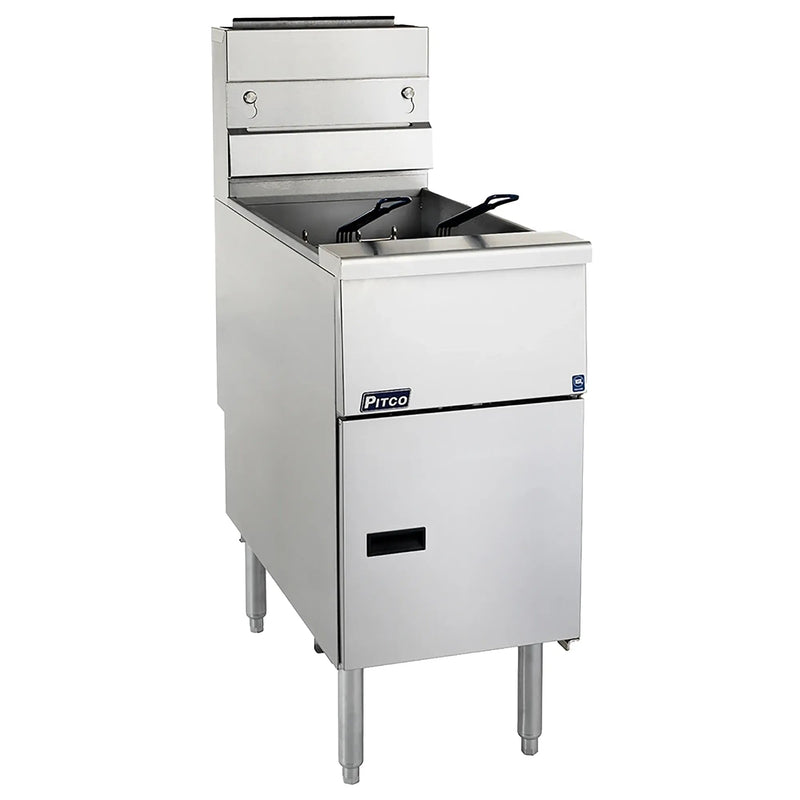 Pitco VF35 high efficiency gas floor fryer, stainless steel body with two fry baskets and door, angled front view