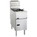 Pitco VF35 high efficiency gas floor fryer, stainless steel body with two fry baskets and door, angled front view