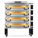 PizzaMaster PM73 electric 42-inch wide four deck pizza oven in stainless steel on a short black stand with casters