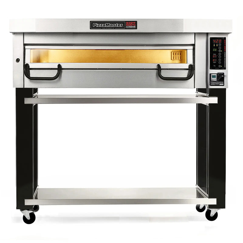 PizzaMaster PM73 electric 42-inch wide single deck pizza oven on a black and stainless steel stand with casters