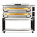 PizzaMaster PM74 electric 56-inch wide double deck pizza oven with stacked chambers on a stand with casters