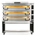 PizzaMaster PM74 electric 56-inch wide three deck pizza oven in stainless steel on a black stand with casters