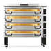 PizzaMaster PM74 electric 56-inch wide four deck pizza oven in stainless steel on a short black stand with casters