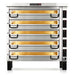 PizzaMaster PM74 electric 56-inch wide five deck pizza oven with stacked stainless steel chambers on low legs