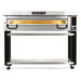 PizzaMaster PM74 electric 56-inch wide single deck pizza oven on a black and stainless steel stand with casters