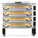 PizzaMaster PM84 electric 65-inch wide four deck pizza oven in stainless steel on a short stand with casters