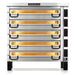 PizzaMaster PM84 electric 65-inch wide five deck pizza oven with stacked stainless steel chambers on low legs
