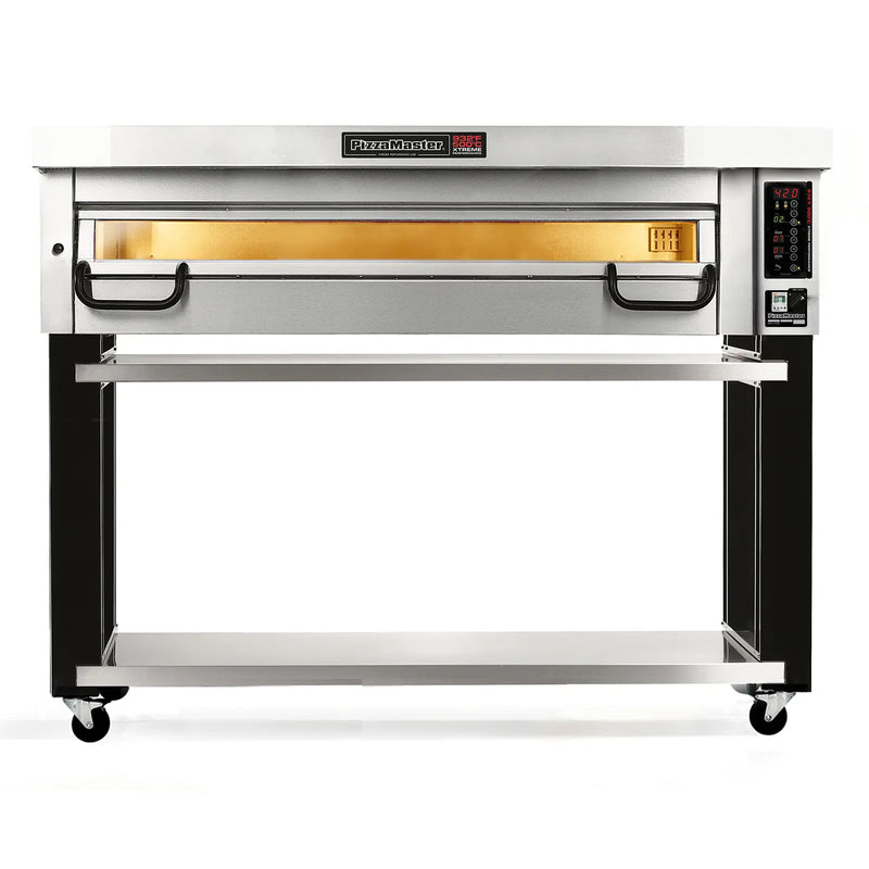 PizzaMaster PM84 electric 65-inch wide single deck pizza oven on a black and stainless steel stand with casters