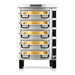 PizzaMaster PM91 26-inch electric deck pizza oven, five deck stacked configuration on black stand, front view