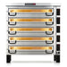 PizzaMaster PM93 54-inch electric deck pizza oven, five deck stacked configuration on black stand, front view