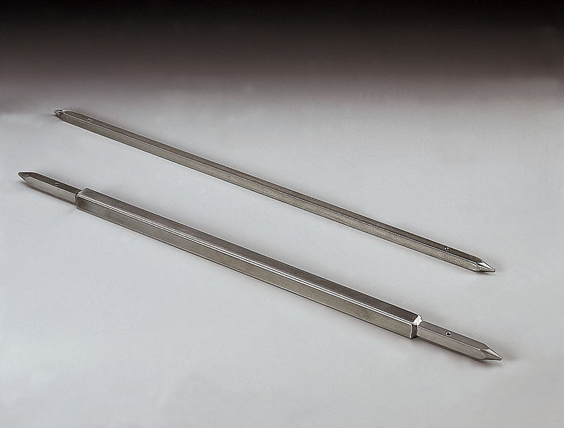 Potis RS-MU-GD Series stainless steel shawarma skewers in various sizes, two square rods with pointed tips shown