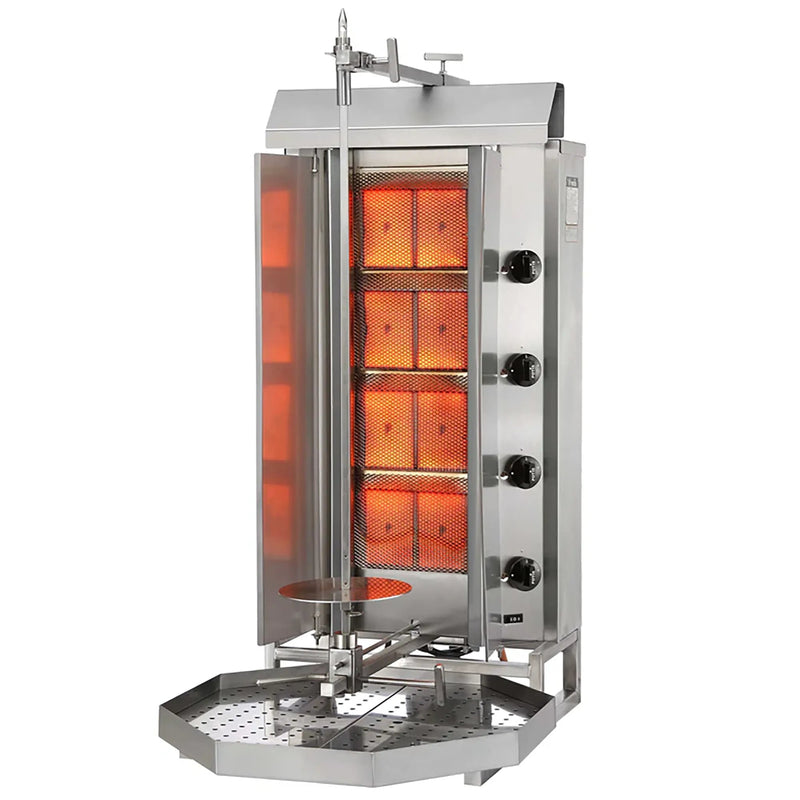 Potis RS-MU-GD4 natural gas 4 burner shawarma broiler, stainless steel with four glowing burners and drip tray