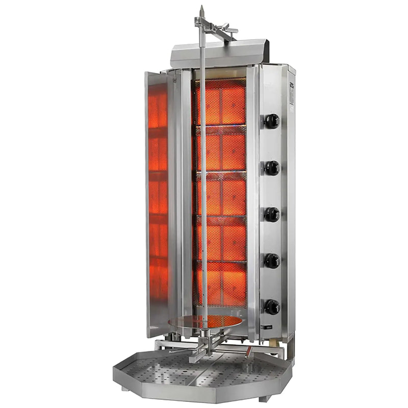 Potis RS-MU-GD5 natural gas 5 burner shawarma broiler, tall stainless steel unit with five glowing ceramic burners