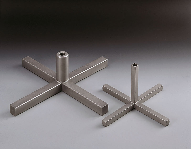 Potis stainless steel cross bases for shawarma skewers, two sizes of four-arm X-shaped bases with centre sockets
