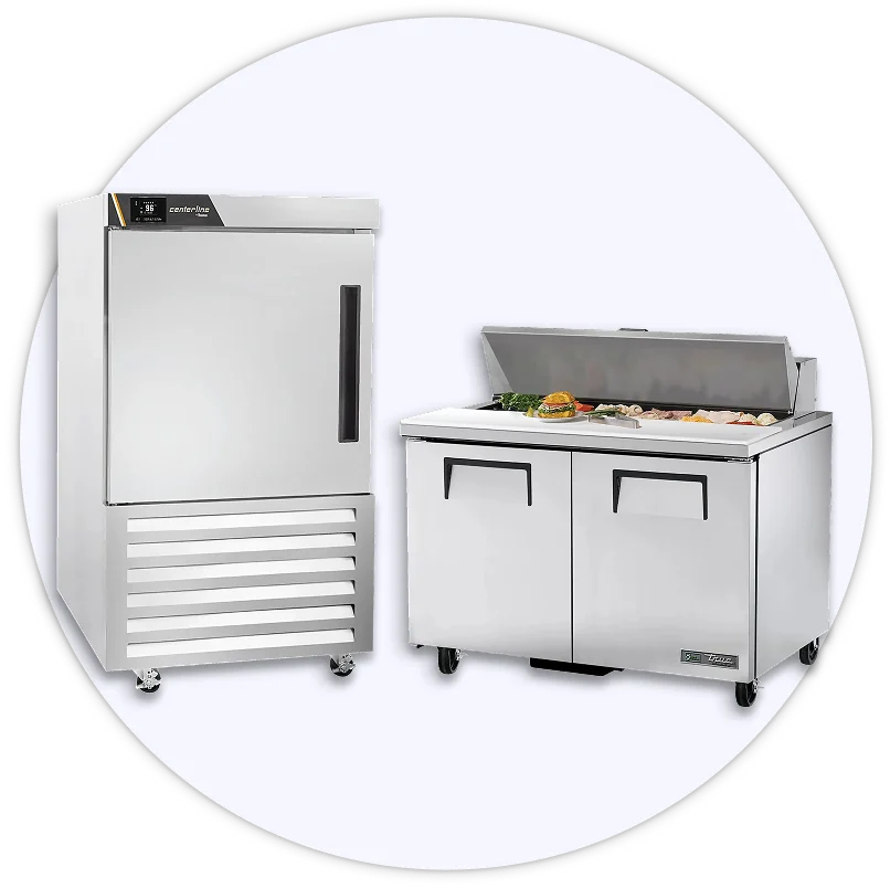 Sandwich and salad prep tables, pizza prep units, undercounter freezers, and chef bases.