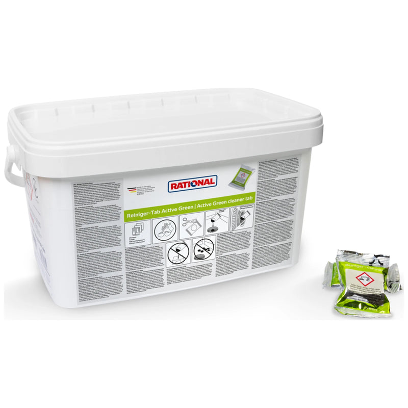 Rational 56.01.535 Active Green cleaner tabs pack of 150 with individually wrapped combi oven cleaning tablets, front angled view
