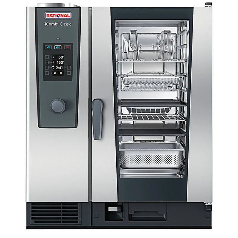 Rational iCombi Classic 10 half size electric combi oven, front view with manual controls and taller glass door