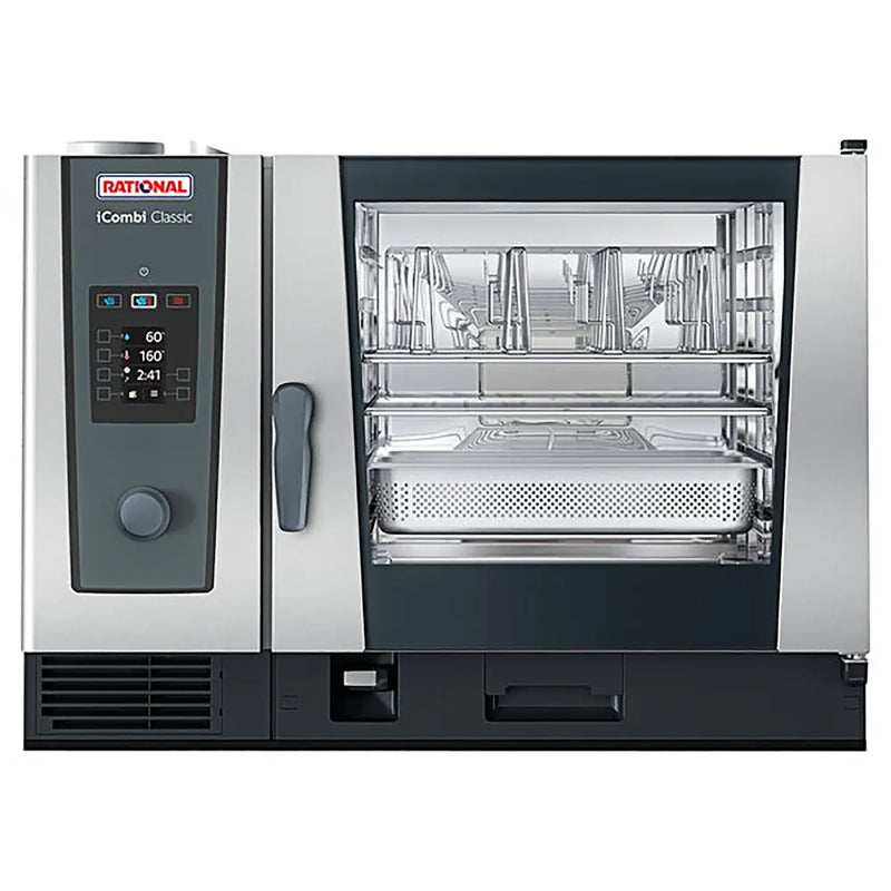 Rational iCombi Classic 6 full size electric combi oven, front view of the wide stainless steel body and glass door