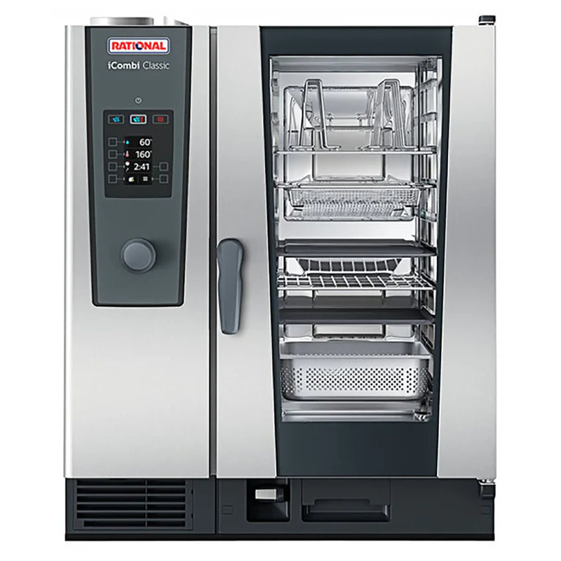 Rational iCombi Classic 10 half size natural gas or propane combi oven, front view with manual controls and glass door