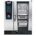 Rational iCombi Pro 10 half size electric combi oven, front view with blue touchscreen and tall glass door with racks